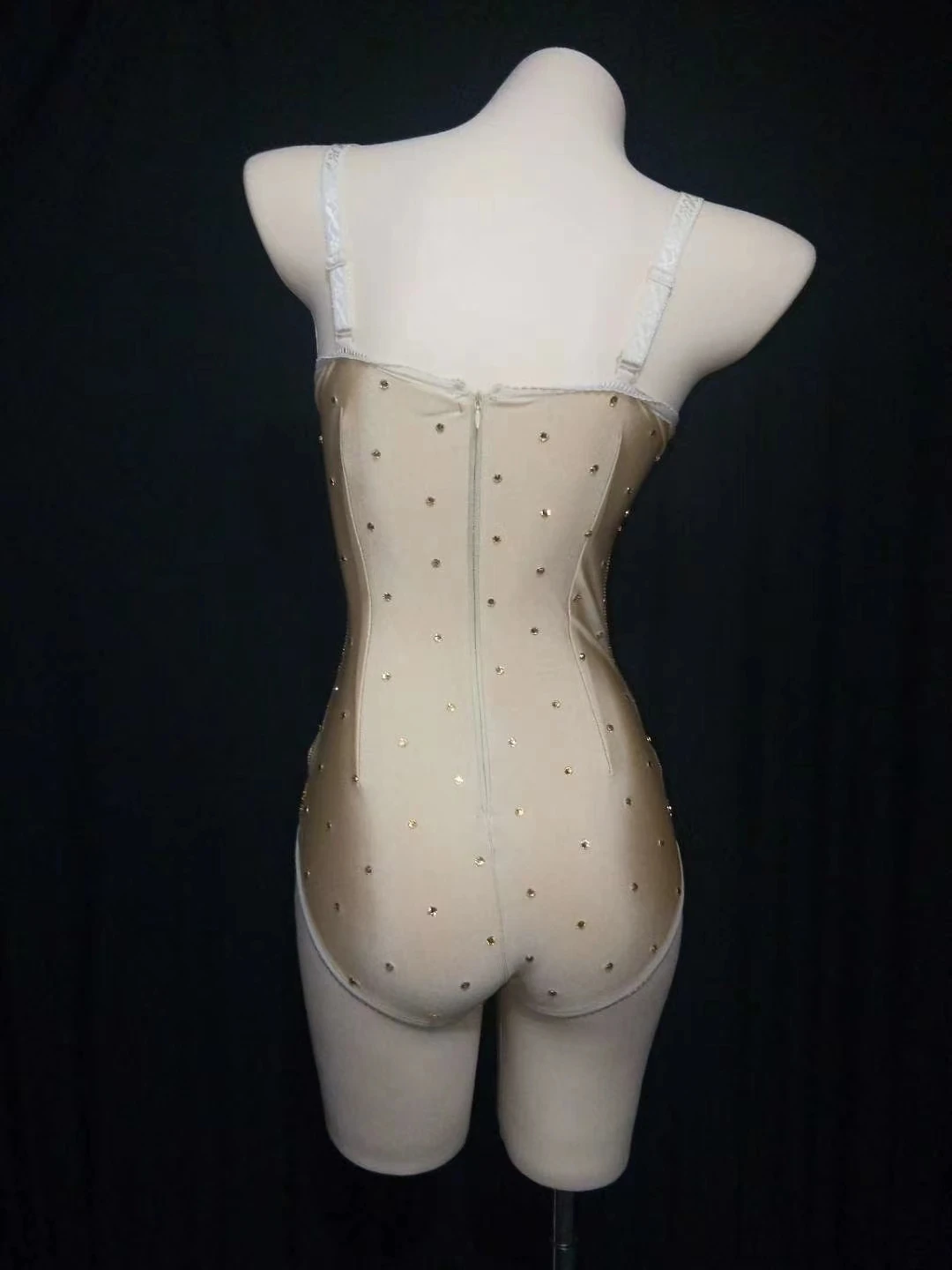 Gold Sequined Pearls Beading Mesh See Through Bodysuit for Women Sexy Spaghetti Strap V Neck Sleeveless Slim Women Stage Costume