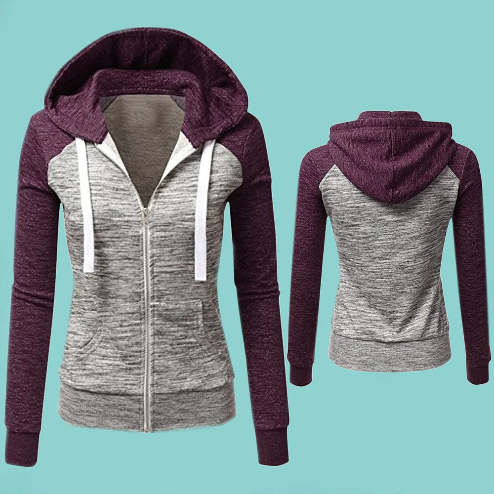 

Women Patchwork Hooded Sweatshirt Autumn Spring Hooded Jacket Ladies Zip Pocket Drawstring Sweatshirts Casual Long Sleeve Tops