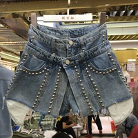 sexy high waist denim shorts fake two piece heavy work beaded loose shorts 2021 summer punk dark academia harajuku pants rivets