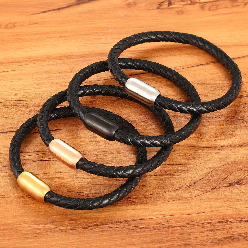 Fashion Simple Style Stainless Steel Men's Leather Bracelet Multi-color Black Leather Bangle For Boys Handsome Birthday Gift