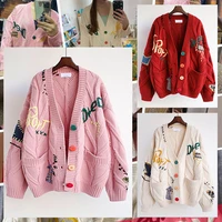 cardigans coat lady sweater jacket pocket embroidery fashion knit cardigan warm knitted loose sweaters autumn winter women
