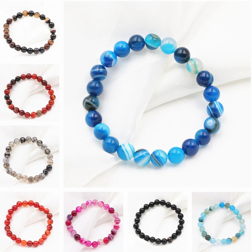 New Vintage Strand Bracelet Natural Agates Stone Veins Onyx 8mm Round Beads Bangle Bracelets Charms Wristband Jewelry 7.5&quot A616 |