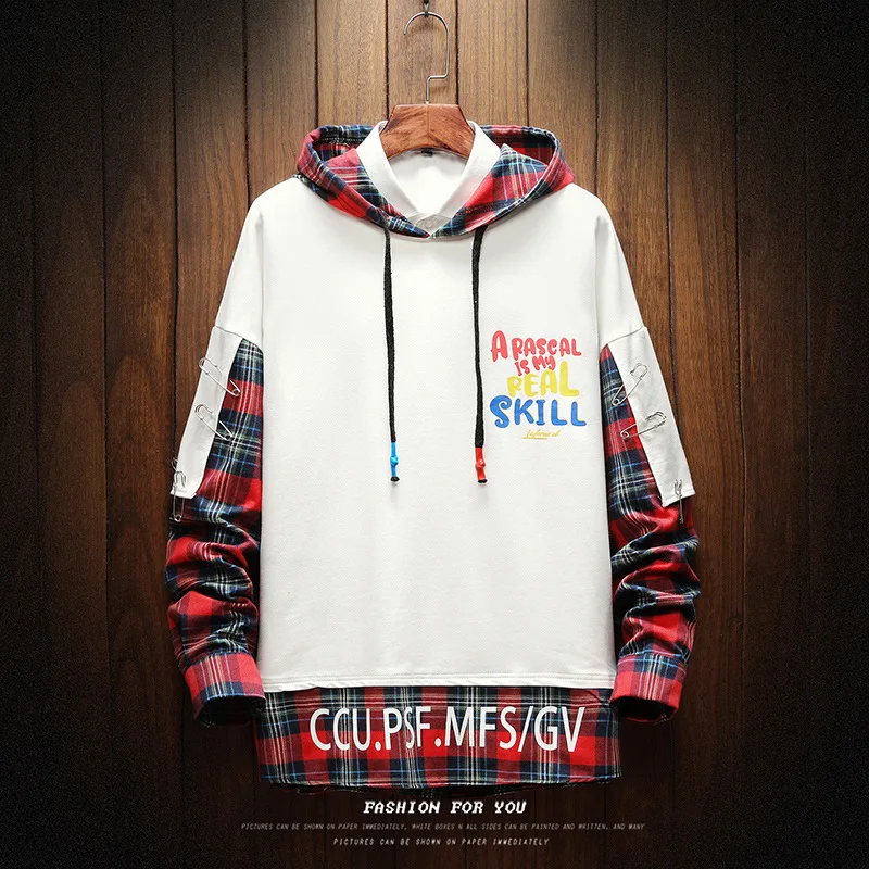 

New Arrived Hoodie Sweatshirt Men Plaid Patchwork Printed Hip Hop High Quality Streetwear Hoodies Sweatshirts Spring Autumn