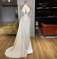 ivory prom dresses halter satin floor length sweep train mermaid prom dresses with zipper back vestidos de fiesta de noche