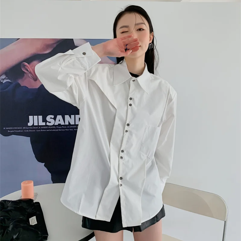 

Spring Autumn Elegant Fashion Single Breasted Loose Casual White Shirts Female Spliced Design Tide Chic Blue Tops Blouse 1338