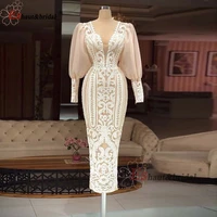 dubai long sleeves sequin arabic evening night dresses for women 2021 tea length v neck formal wedding prom party gowns