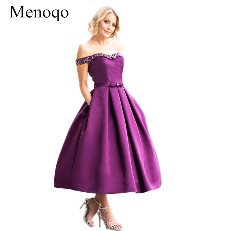 

Menoqo Satin Tea Length Short Prom Dresses Grape Purple with Pockets Shiny Beaded Off Shoulder Party Gowns P56AU16