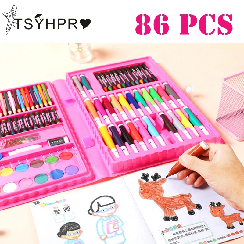 

86 шт. Набор для рисования с акварелью, кисть для рисования, карандаши для рисования, масляные пастельные цветные карандаши, Детские канцеляр...