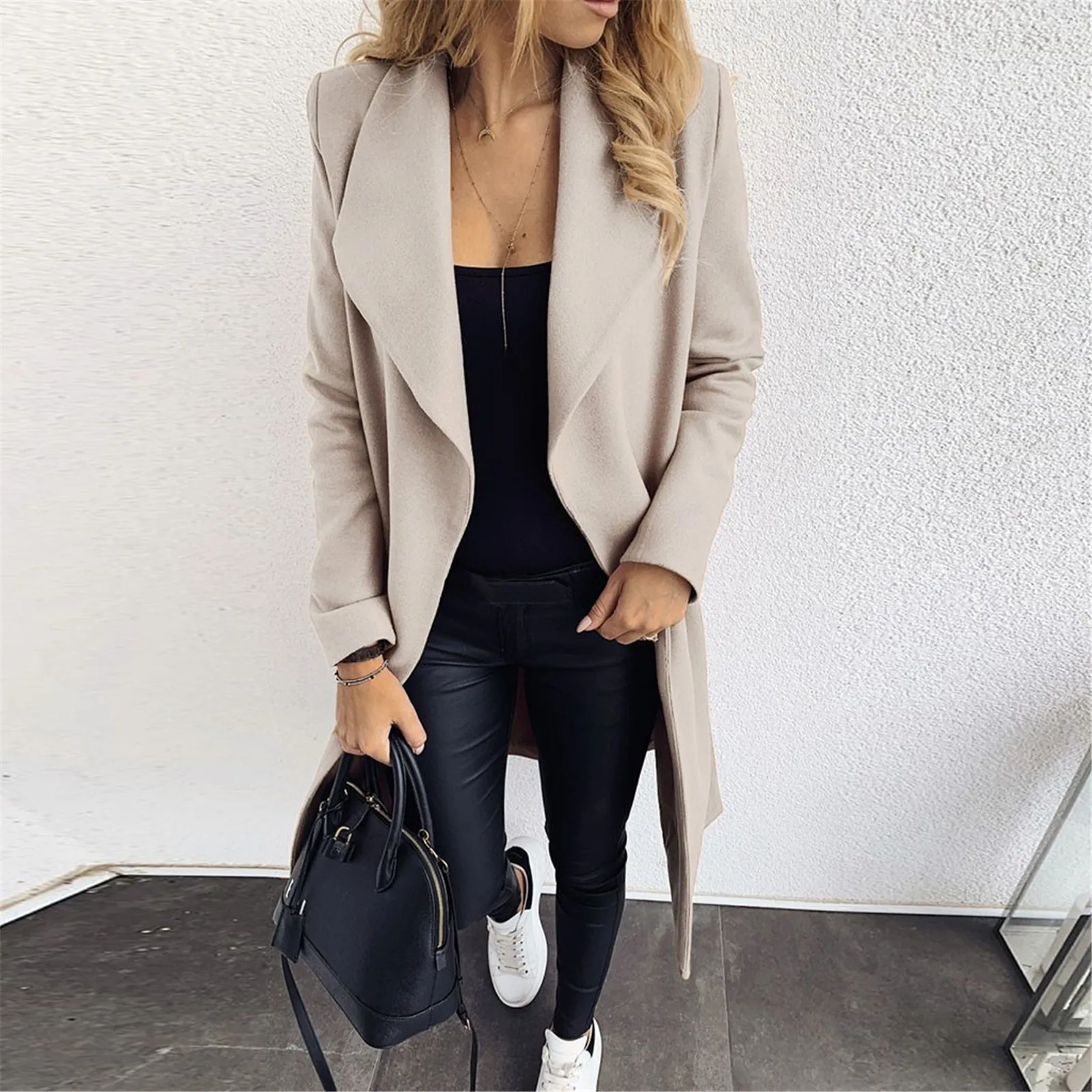 

Women Elegant Long Wool Coat With Belt Solid Color Long Sleeve Chic Outerwear Ladies Overcoat Autumn Winter 2021