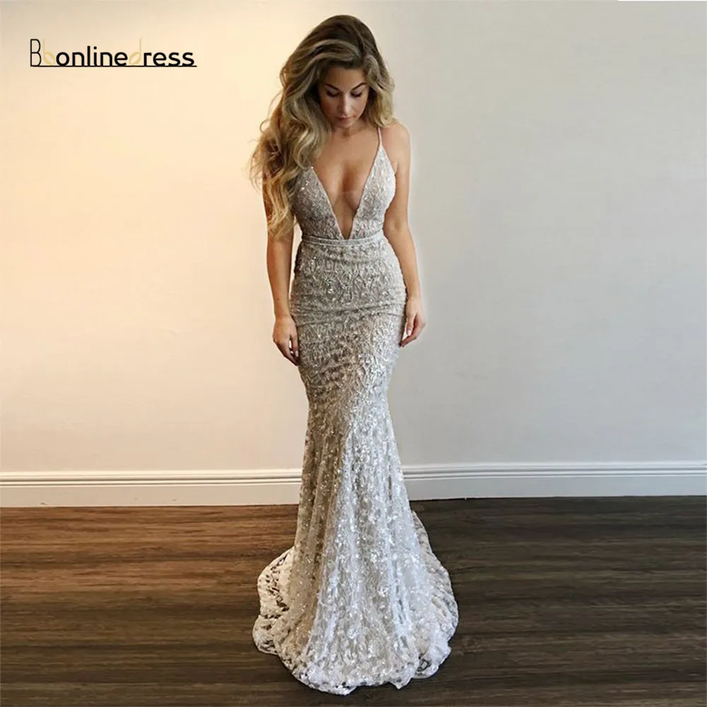 Bbonlinedress, роскошное платье русалки для выпускного вечера, сексуальное вечернее платье с глубоким v-образным вырезом, Серебряные вечерние кружевные платья, Vestido de fiesta
