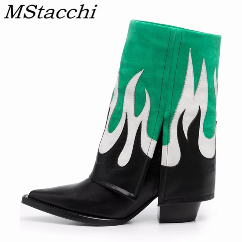 

MStacchi New Retro Crude Heel Woman Boots Mixed Colors Genuine Leather Mid Heel Pointed Toe Shoes Femme Mid-calf Boots Winter