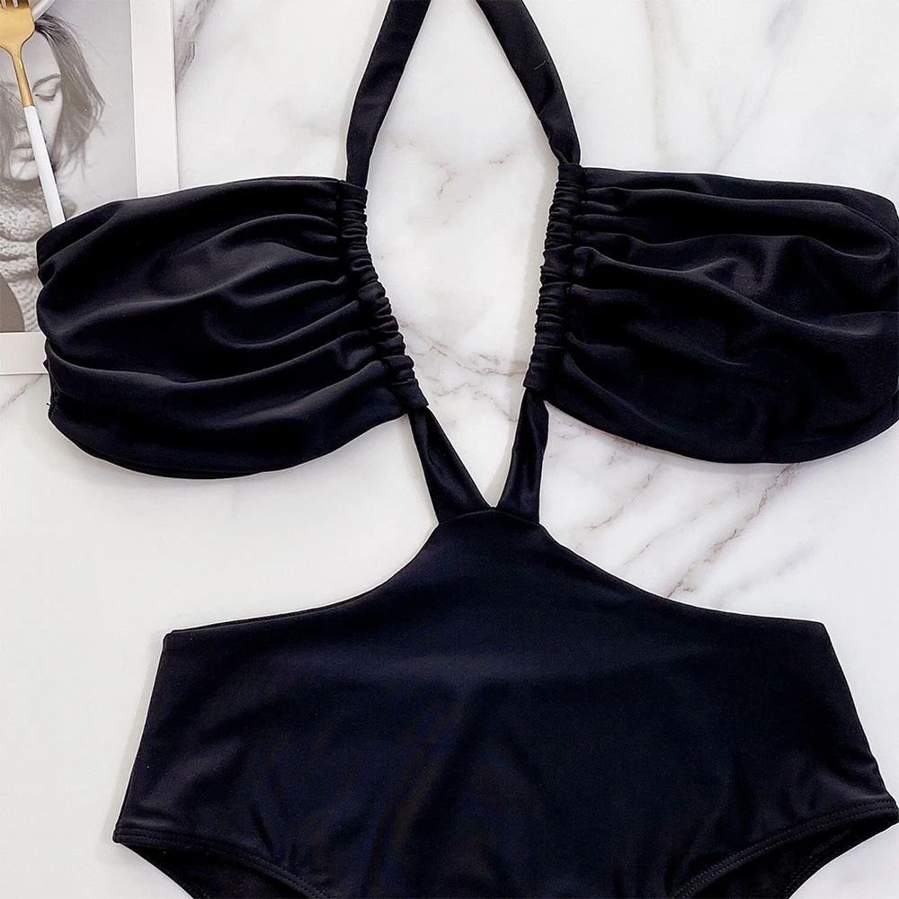 

Sexy Hollow Women's Solid Color Swimsuit One Piece High Waist Bikini European American Fashion Swimwear Summer Spa Beach Surf