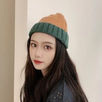 new style autumn winter soft cotton woolen female windproof warm street casual patchwork color fashion sweet knitted beanie hat