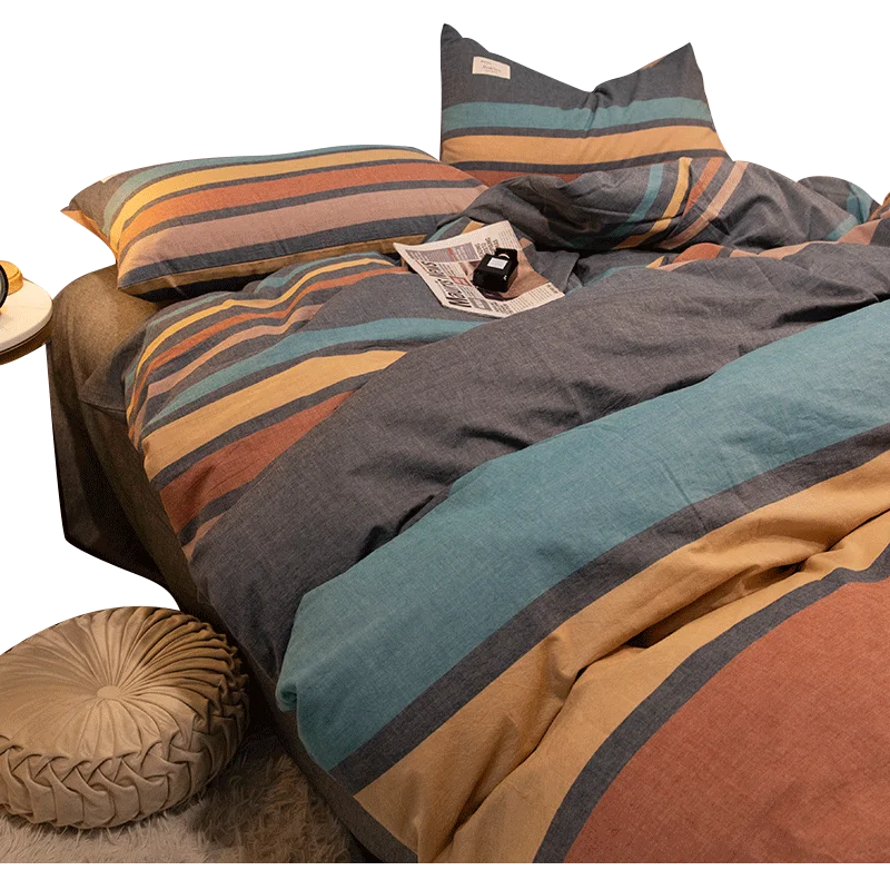 

Nordic Style Ins Four-Piece Cotton 100 All Cotton Washed Cotton Fitted Sheet Duvet Cover Quilt Cover Bed Three-Piece