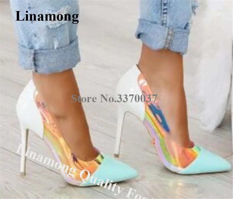 

Linamong Pointed Toe Clear PVC Patchwork Stiletto Heel Pumps Patent Leather Transparent 8cm 10cm 12cm High Heels Wedding Shoes