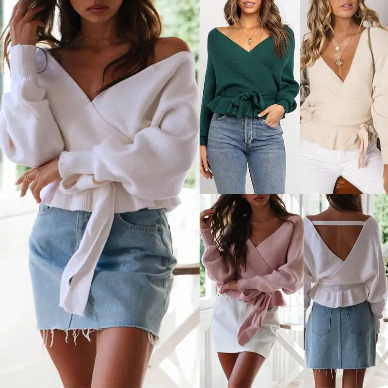 

2019 Autumn Women Sexy Double V Neck Backless Bow-Tie Belted Long Sleeve Knit Tunic Top Blouse