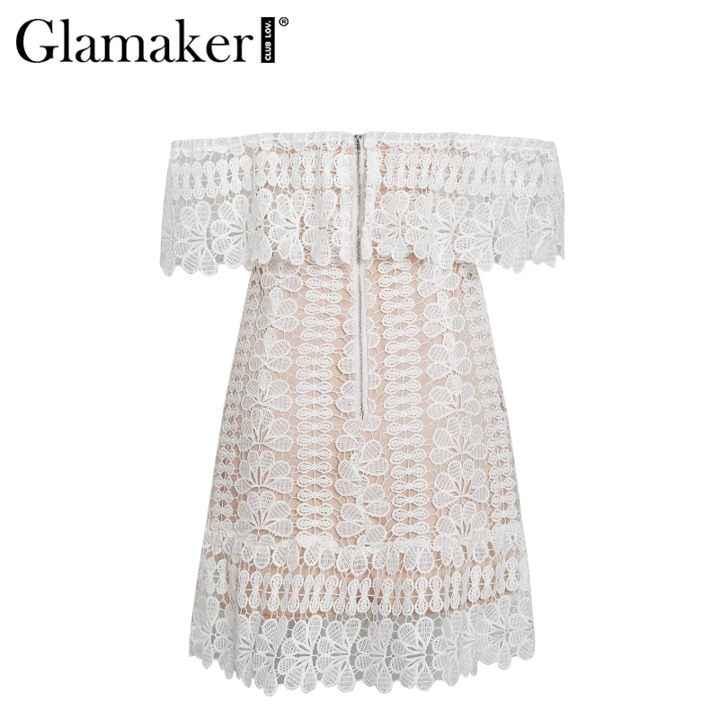 Женское ажурное офисное платье Glamaker белое элегантное кружевное с коротким