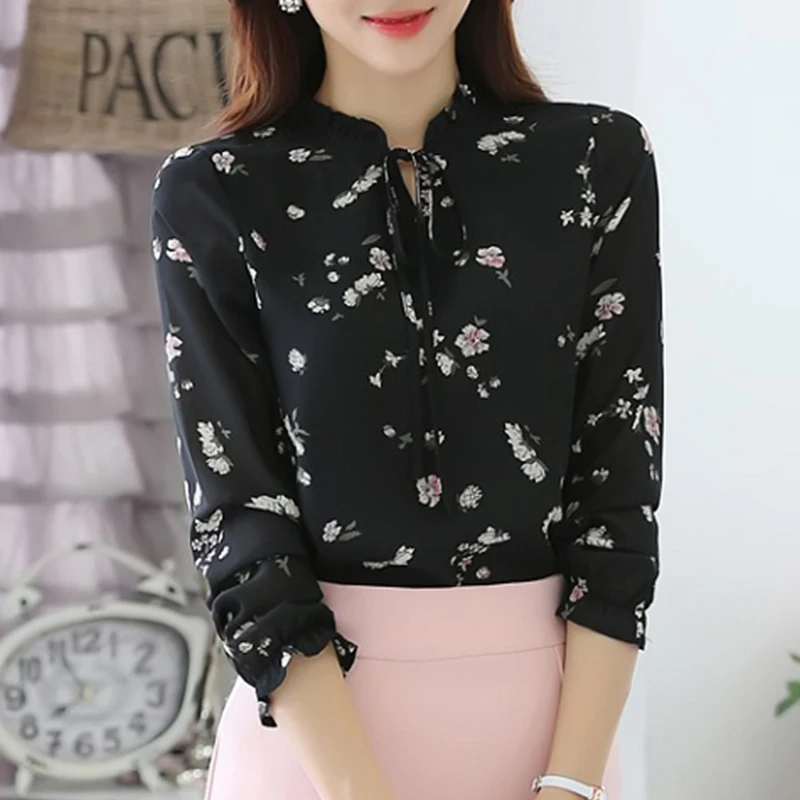 Блузка женская с цветочным принтом Модный Топ длинным рукавом шифоновая рубашка