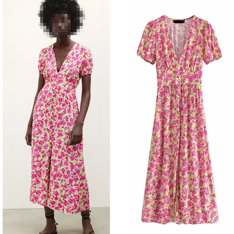 

Dresses for Women 2022 Summer Dress Fashion Printing Clothes V-neck Short Sleeves Midi Dress Streetwear Women Floral Pink Dress
