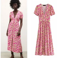 dresses for women 2022 summer dress fashion printing clothes v neck short sleeves midi dress streetwear women floral pink dress