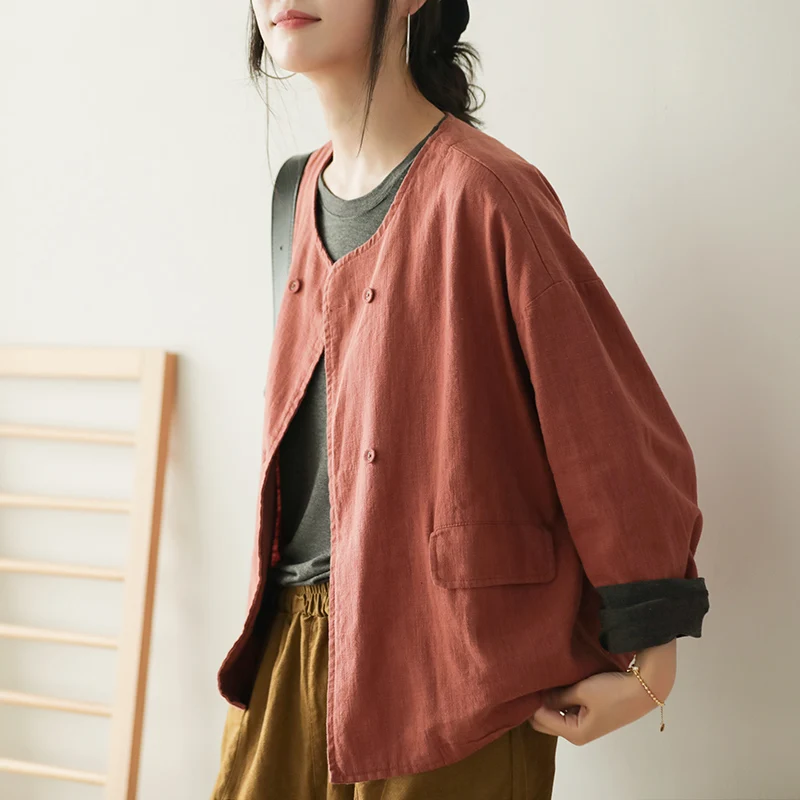 Женское двубортное пальто Johnature однотонное винтажное с круглым вырезом