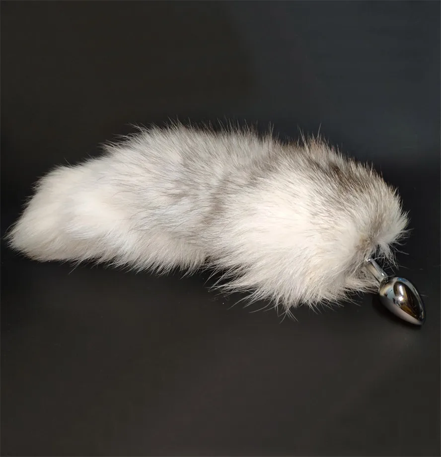 Анальная пробка с настоящим хвостом крестовой лисы, металлическая задница, секс-игрушки для пар, эротический косплей, серый белый хвост, 3 размера на выбор.