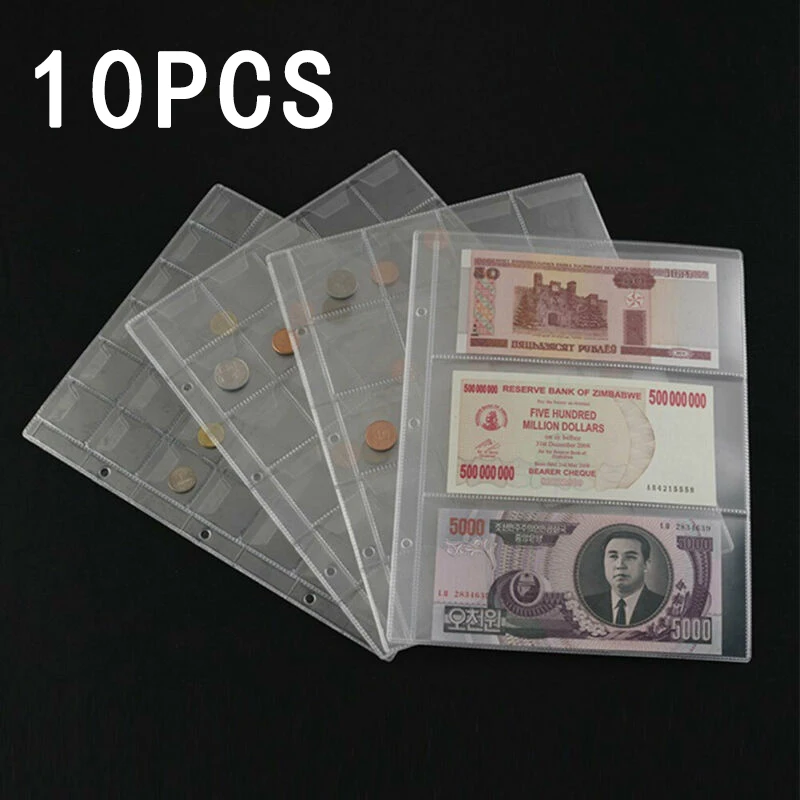 

10Pcs 3 Pocket Coin Holder Album Pages Money Storage Pockets Penny Collection Album Home Photo Banknote Book Loose-Leaf Sheets