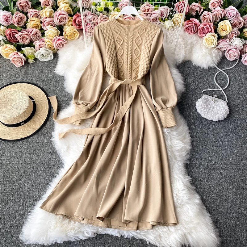 

2020 Autumn New French style high waist temperament fashion knit stitching long sleeve pullover round neck dress large swing Dre
