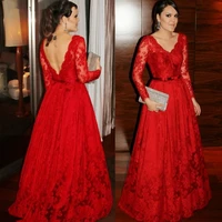 red lace long sleeves evening dresses 2019 plus size v neck sexy red carpet celebrity formal prom party gowns for women wear