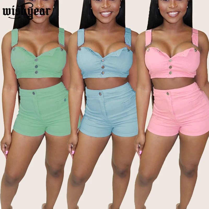 Женский джинсовый костюм Wishyear комплект из двух предметов укороченный топ на