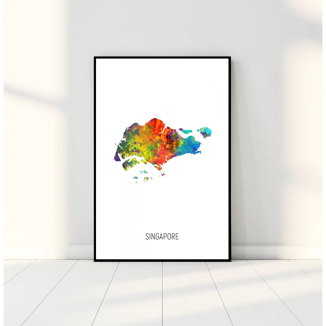 Холщовый плакат с художественной печатью акварелью и картой Сингапура | Дом сад
