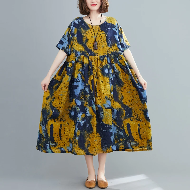 

New 2021 Cotton Linen Plus Size Vintage Floral Women Casual Loose Long Summer Sun Dress Elegant Clothes Ladies Dresses Sundress