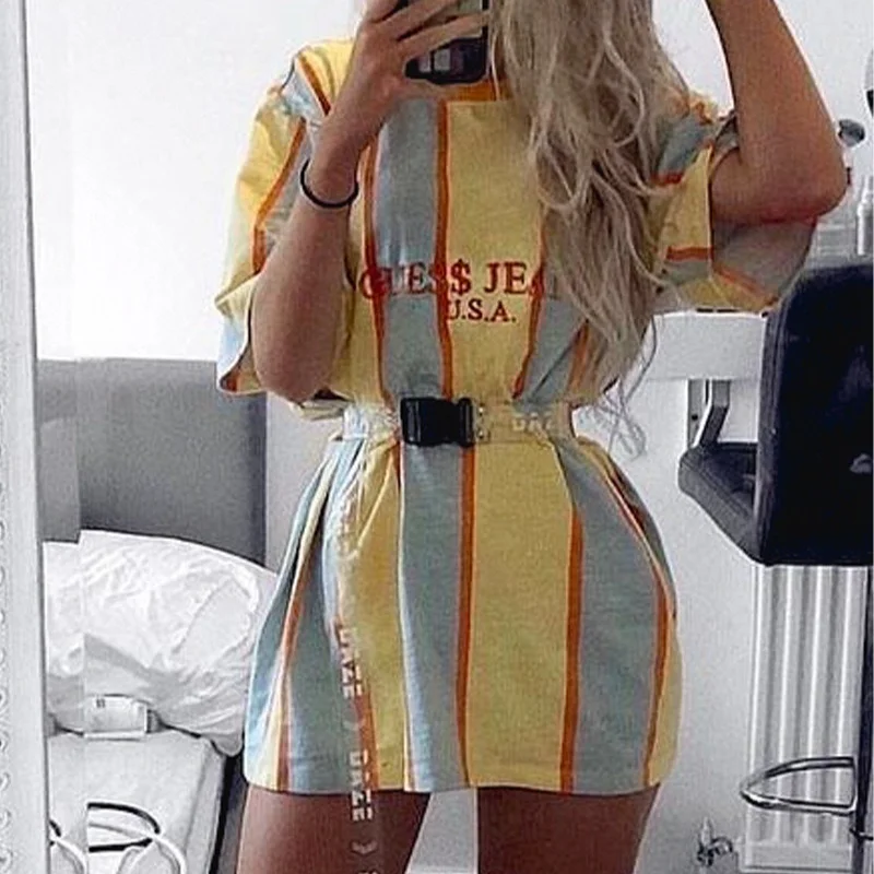 

Women's Loose Casual Dress Printed Round Neck Short Sleeve High Street Dress Summer Vertical Stripes Vestidos T-shirt Clothing