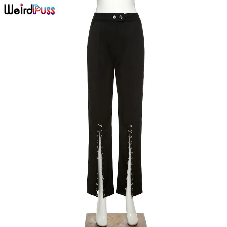 

Weird Puss Indie Baggy Women Adjustable Split Straight Harajuku Y2K Pants Button High Waist Fashion Solid Black Casual Trousers