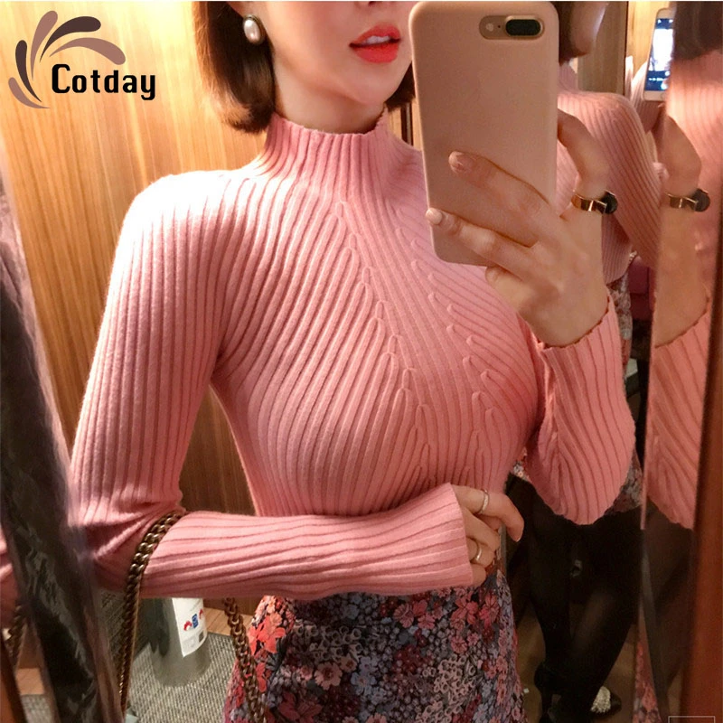 

Cotday с О-образным вырезом, сексуальное плотный розовый 2020 новый элегантный повседневный осенний тонкий с высоким, плотно облегающим шею воро...