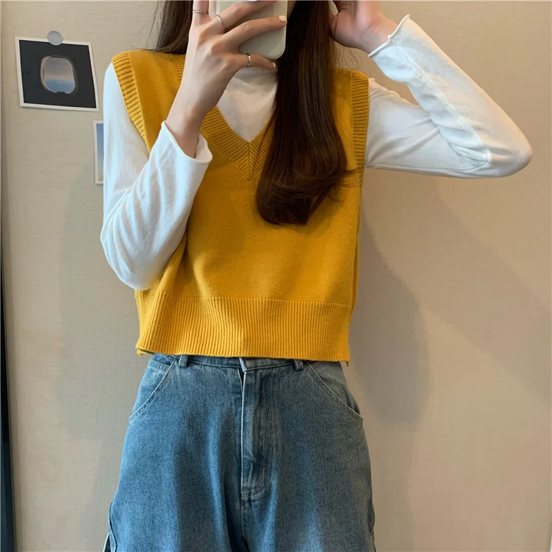 Женская Трикотажная майка без рукавов удобный пуловер с V-образным вырезом