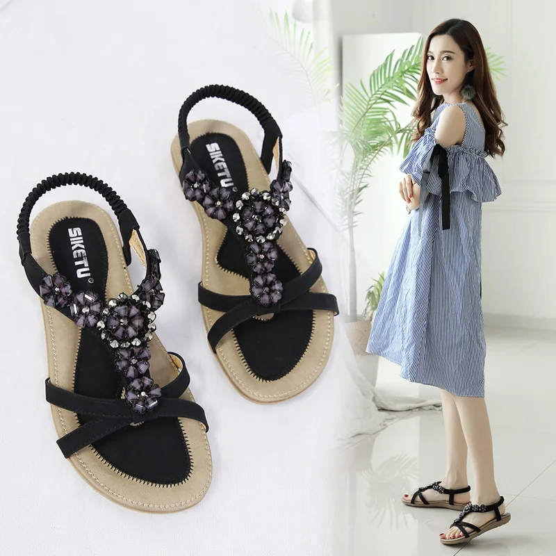 

Summer 2021 Sweet Sandals Women Bohemian Flower Rhinestone Large Size Flat Bottom Beach Shoes