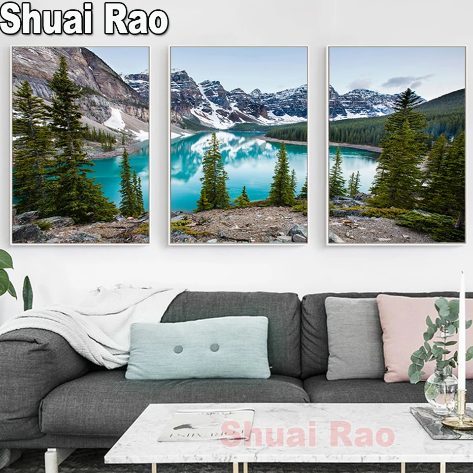 

Lake Forest Stone Mountain Embroidery Diamond painting 3 Piece Set Landscape Picture Nature Scenery Diamond Art ,Triptych