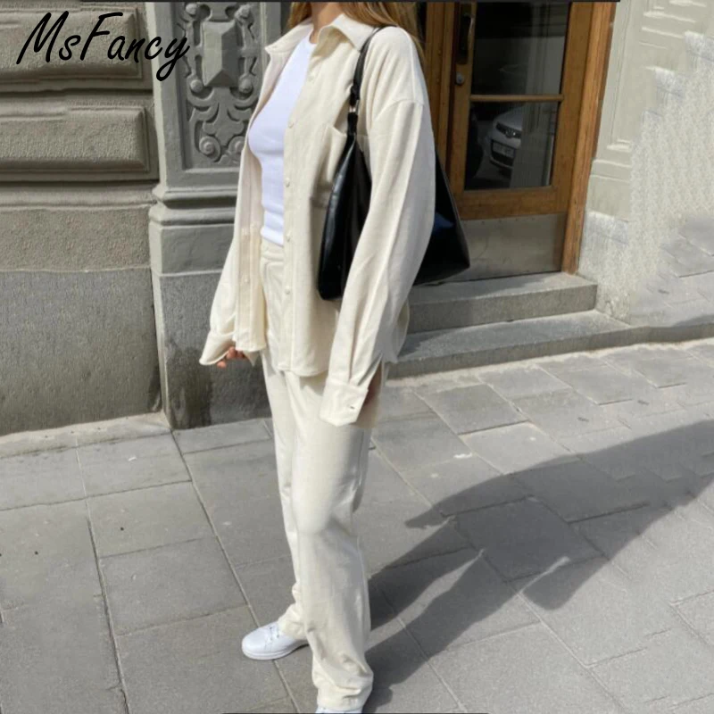 

Msfancy Pant Suits Women 2021 Pleuche Long Sleeve Shirt Elastic Waist Wide Leg Pants Set Mujer 2 Piece Set Casual Outfit