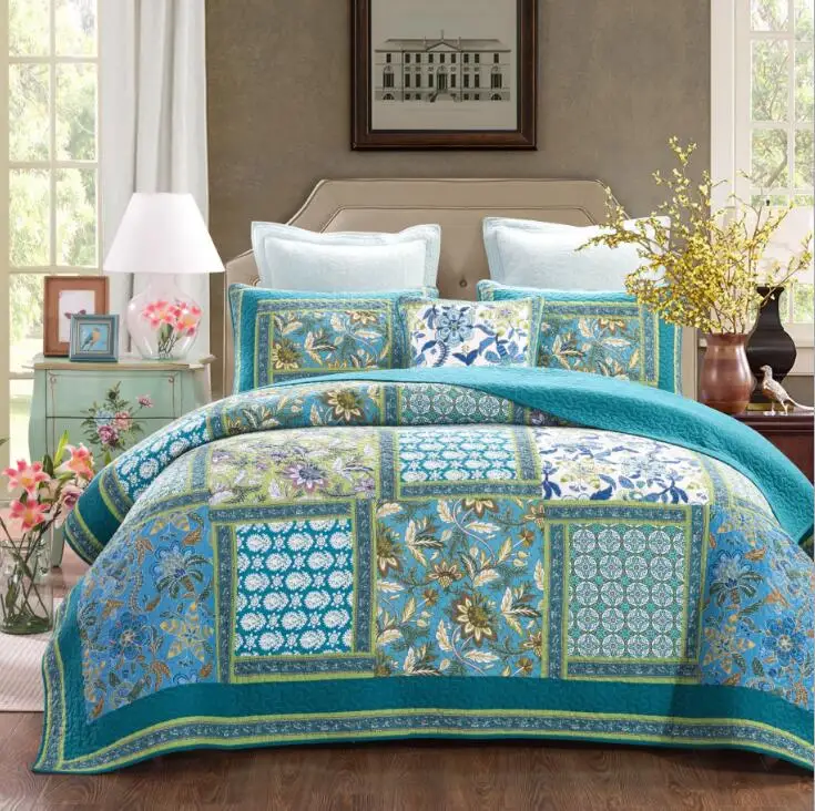 

100% cotton Quilted plaid print Bedspread Bed Cover Bed Sheet size 230x250cm and 250x270cm blanket Pillowcases 3pcs