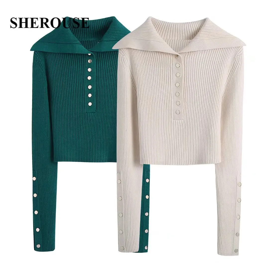 

Sherouse Women Fashion Ribbed Polo-Collar Cropped Knit Sweater Long Sleeves with Buttons Chic Lady Woman Casual Knitted Top