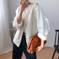 korean high quality beige knitted tweed vest women vintage v neck sleeveless short waistcoat female casual spring summer 2021