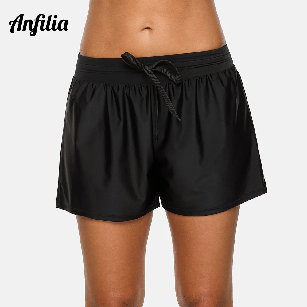 Anfilia-pantalones cortos de baño para mujer, bañador holgado de Color sólido, parte inferior de Bikini con tirantes, pantalones cortos