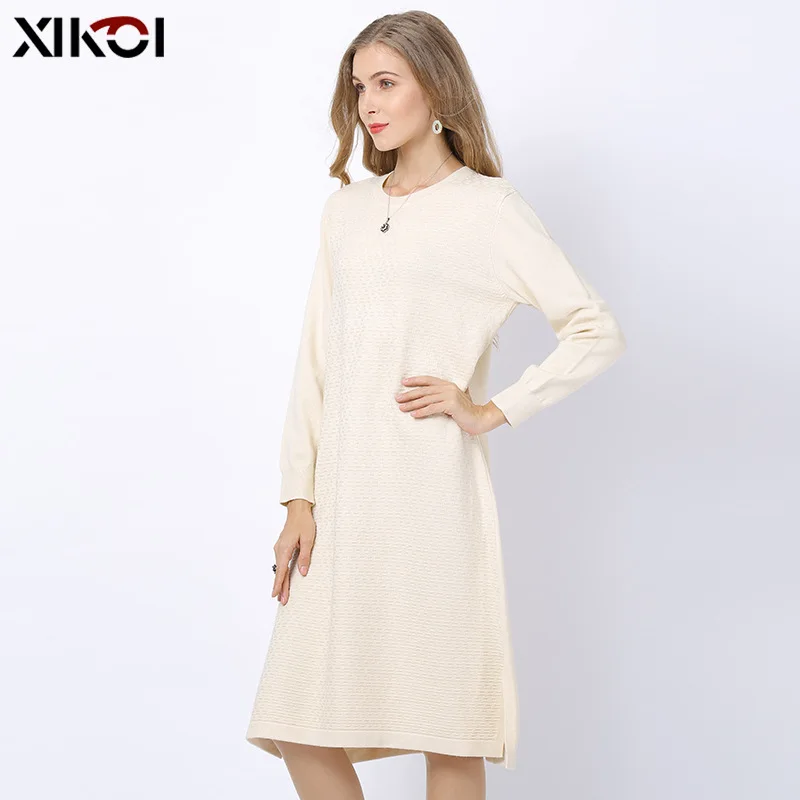 

Knitted Sweater Female Round Collar Long Sleeve Loose Medium-length Dress