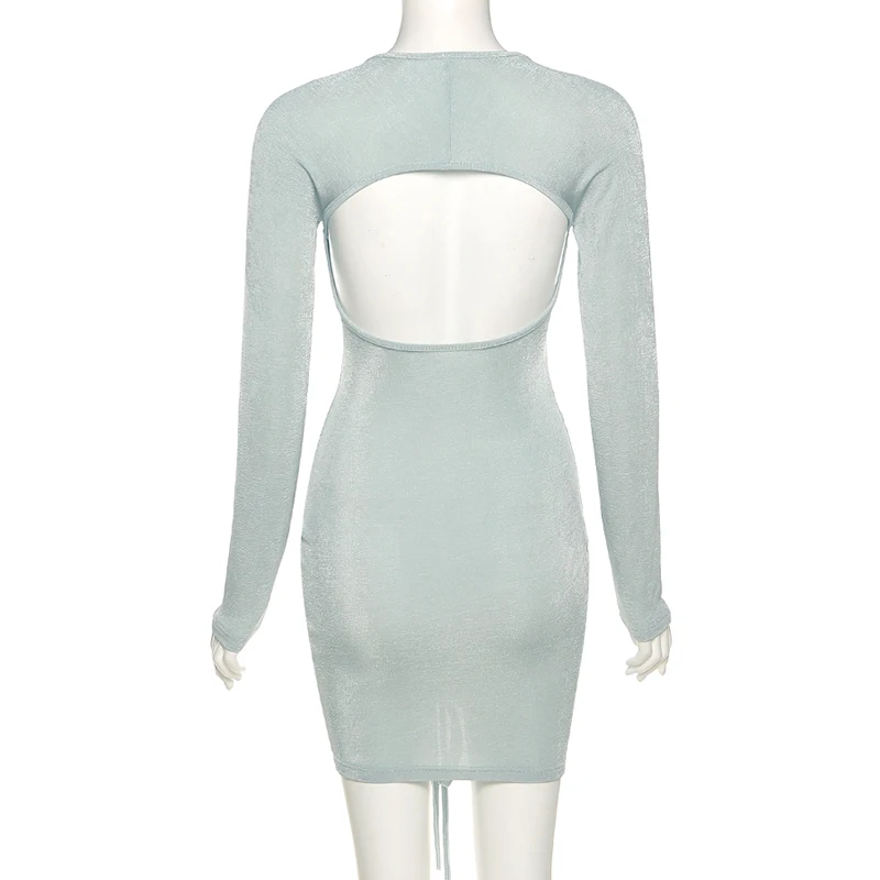

AIIOU Chic Hollow Shirring Dress Women Aesthetic Bandage Drawstring Hollow Long Sleeve Sexy Mini Dresses Vacation Trend Clothing