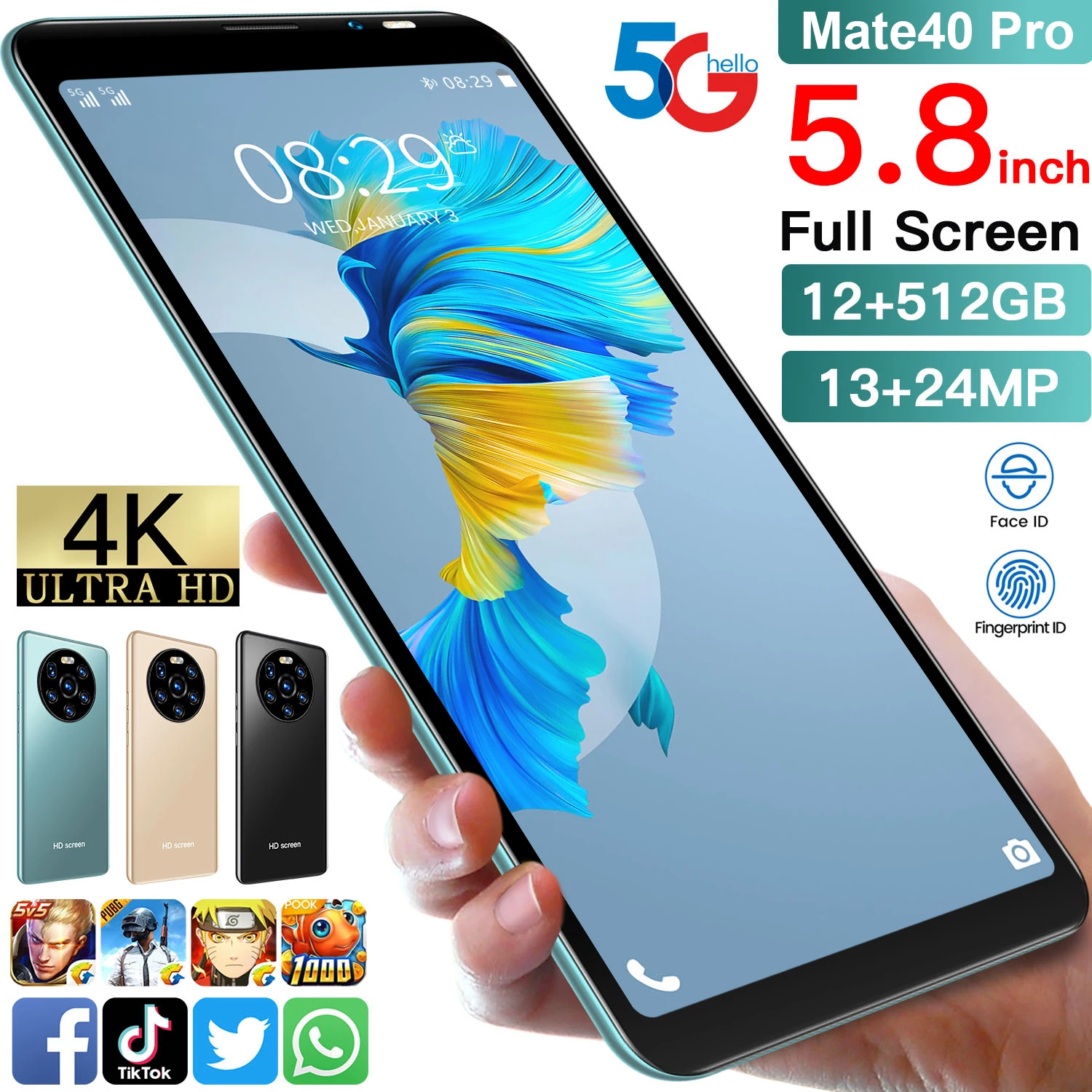 

Mate40pro 8GB RAM 128GB ROM Smart Phone 5.8 Inch Andriod 10 Face Unlock 4800mAh 13+34MP MTK6889 Global 5G Mobile Phone