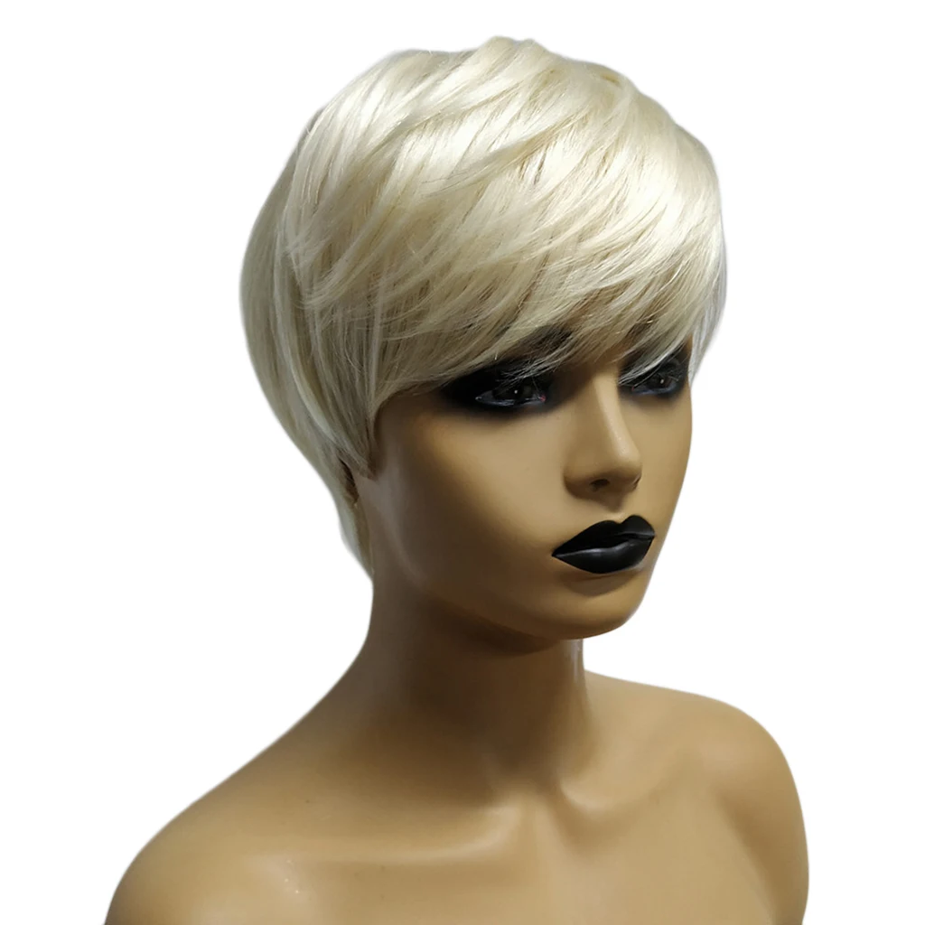 

10 Inch Silver White Short Heat Resistant Human Hair Straight Full Head Pixie Cut Soft Wigs for White Women