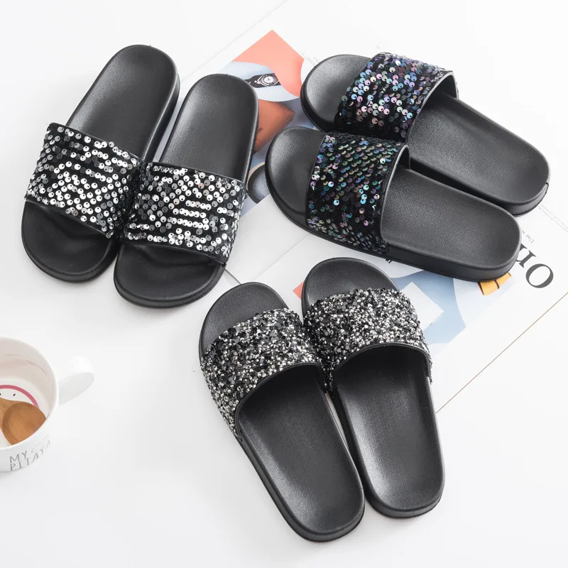

2021 Women Sandals Summer Slippers Sequins Flat Beach Shoe Ladies Sandals Beach Shoes Casual Flip Flops Zapatos De Mujer TX220