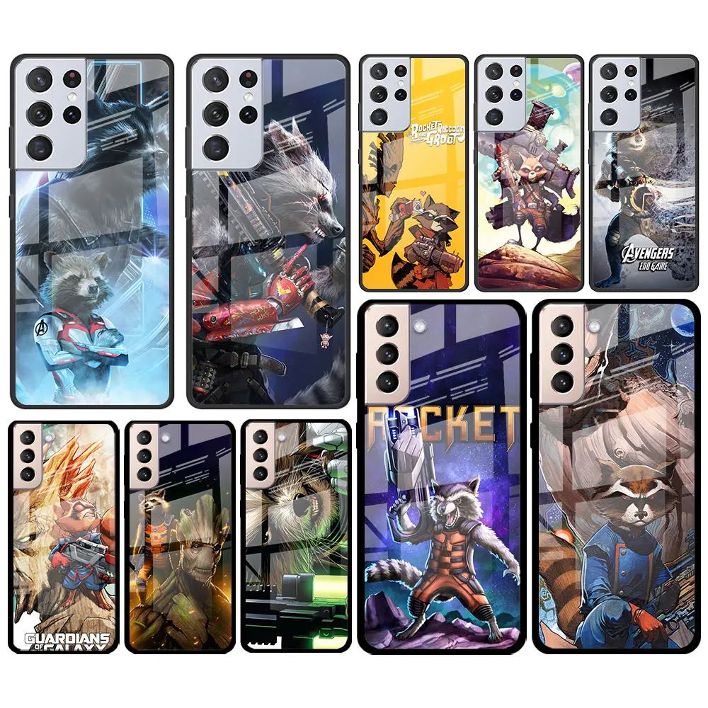 

Rocket Racoon Marvel cute for Samsung Galaxy S21 Ultra Plus A72 A52 4G 5G M51 M31 M21 Luxury Tempered Glass Phone Case Cover