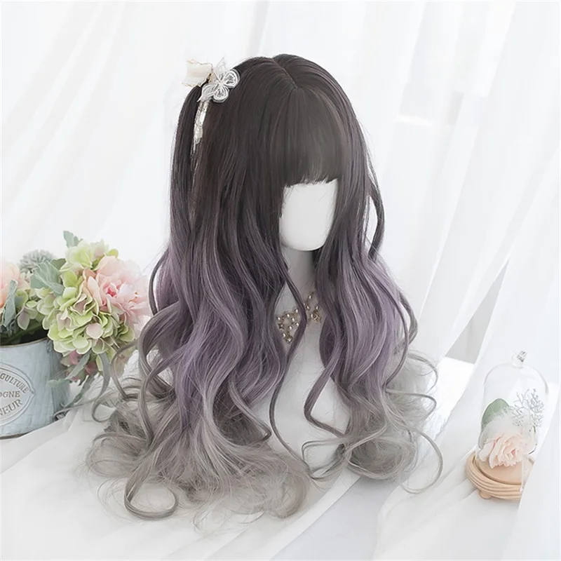 

CosplayMix Lolita 64CM Women Long Wavy Ombre Cute Sweet Girl Mixed Color Bangs Heat Resistant Synthetic Anime Cosplay Wig